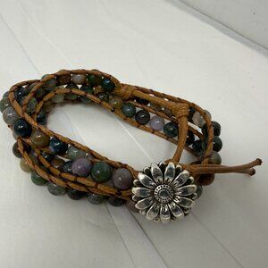 Leather Stone Wrap Bracelet | Natural Stone Beads | Adjustable Boho Wrap